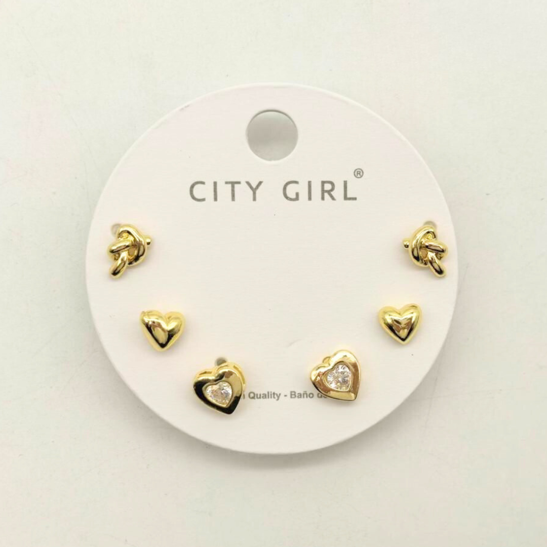 KIT DE AROS CON BAÑO EN ORO CITY GIRL (PAQUETE X 12 UNID.) D-5116-19