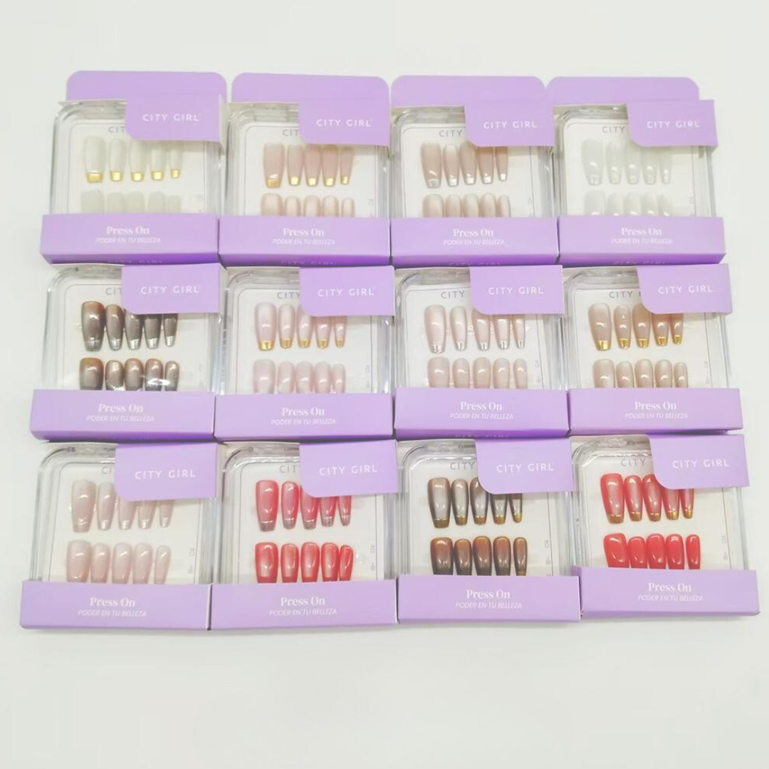 PRESS ON COFFIN LARGO + OJO DE GATO + FRENCH METALIZADA CITY GIRL  GO-25029*720