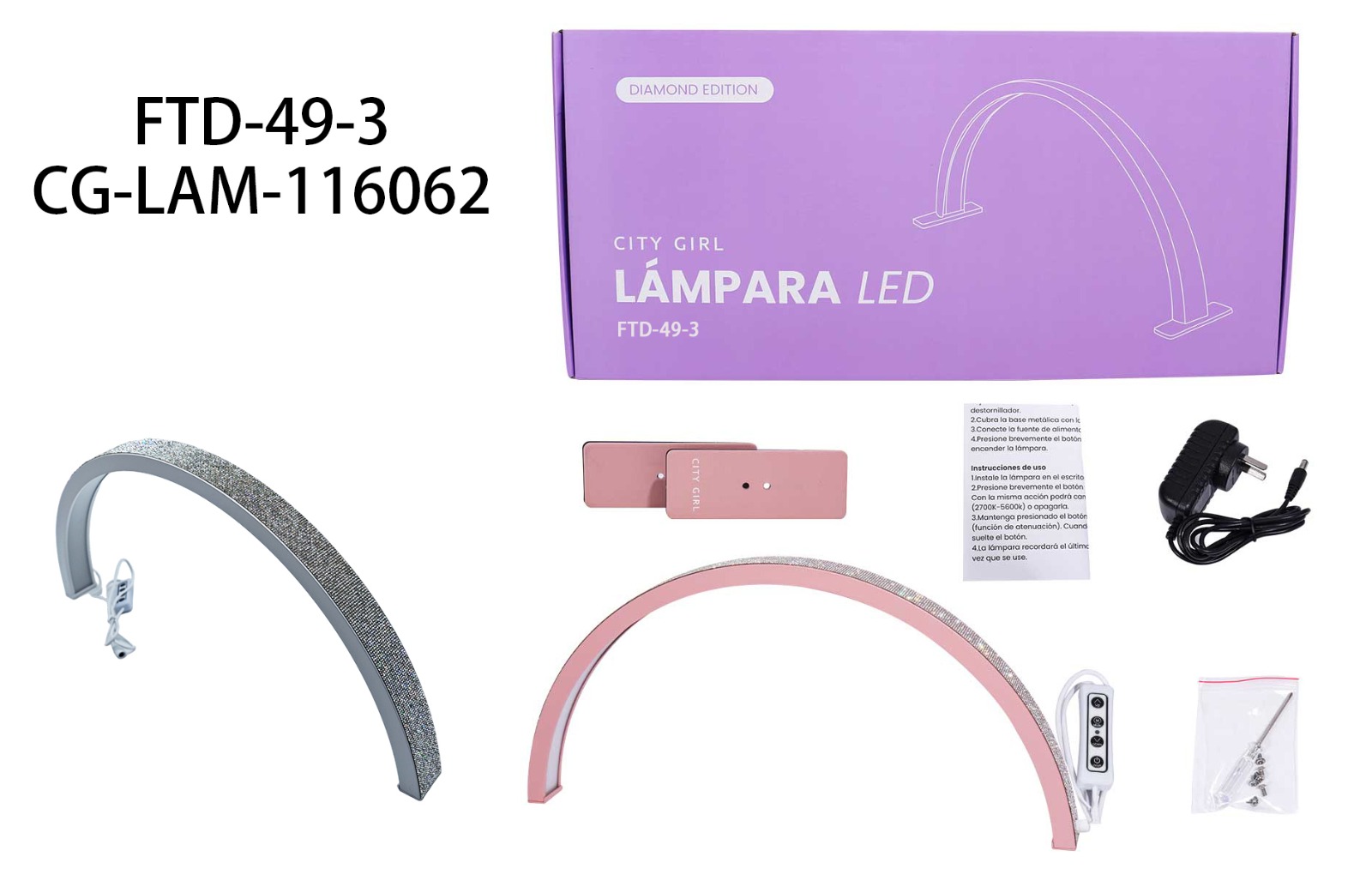 LAMPARA DE MESA MEDIA LUNA CON STRASS 30W CITY GIRL FTD-49-3*10