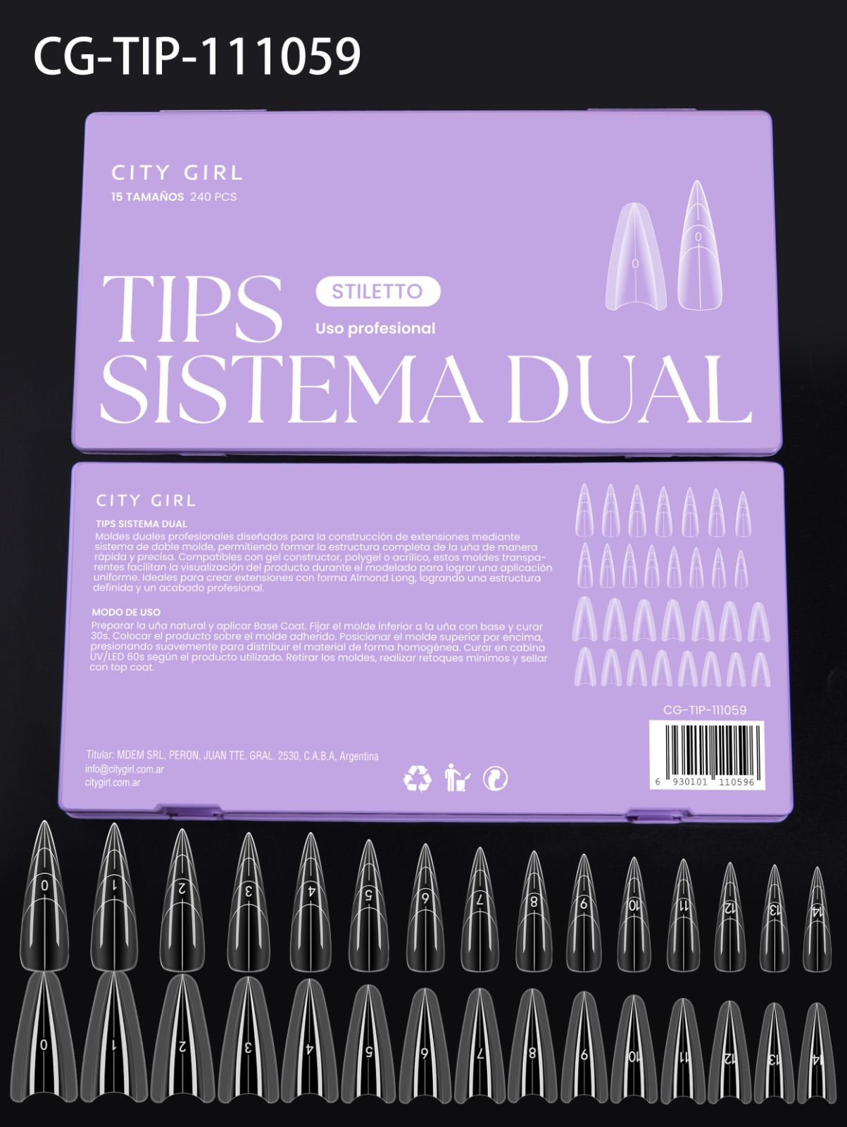 TIPS SISTEMA DUAL "SANDWICH" STILETTO, X240 PCS CITY GIRL CG-TIP-111059*100