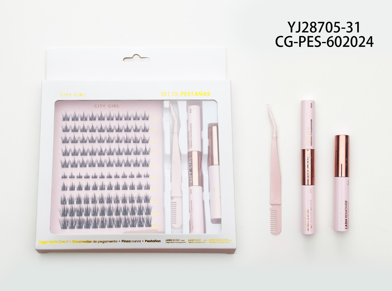 KIT DE PESTAÑAS + PEGAMENTO 2 EN 1 + REMOVEDOR DE PEGAMENTO + PINZA CURVA CITY GIRL YJ28705-31*240