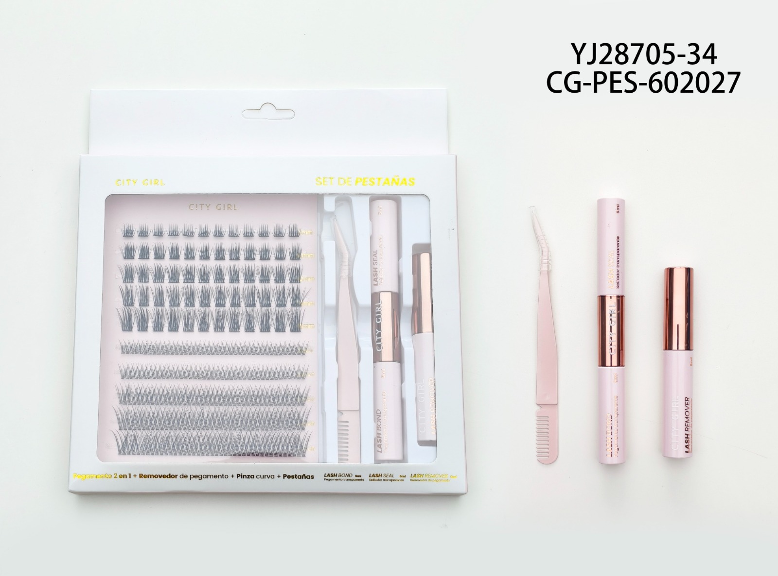 KIT DE PESTAÑAS + PEGAMENTO 2 EN 1 + REMOVEDOR DE PEGAMENTO + PINZA CURVA CITY GIRL YJ28705-34*240